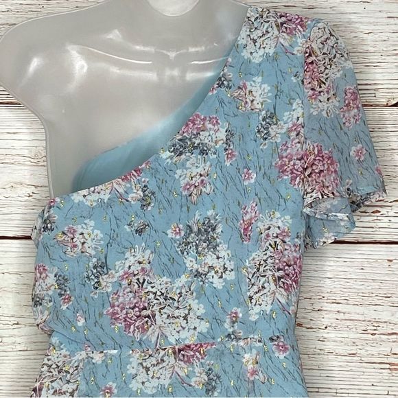 Lulus Way to Wow Dusty Blue Floral Print One Shoulder Faux-Wrap Dress Sz L - Picture 12 of 16